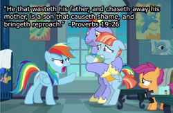 Size: 2948x1925 | Tagged: safe, edit, edited screencap, screencap, character:bow hothoof, character:rainbow dash, character:scootaloo, character:windy whistles, species:pegasus, species:pony, episode:parental glideance, g4, my little pony: friendship is magic, bible verse, christianity, op is a duck, op is trying to start shit, religion, text