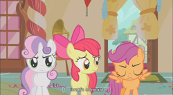 Size: 856x471 | Tagged: safe, edit, edited screencap, screencap, character:apple bloom, character:scootaloo, character:sweetie belle, species:earth pony, species:pegasus, species:pony, species:unicorn, episode:call of the cutie, g4, my little pony: friendship is magic, caption, cutie mark crusaders, female, filly, sugarcube corner, youtube caption