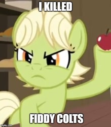 Size: 500x571 | Tagged: safe, edit, edited screencap, screencap, character:granny smith, episode:the perfect pear, g4, my little pony: friendship is magic, angry, apple, caption, cotton hill, cropped, food, image macro, king of the hill, text, young granny smith, younger