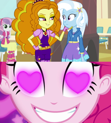 Size: 1024x1140 | Tagged: safe, edit, edited screencap, screencap, character:adagio dazzle, character:pinkie pie, character:sweetie belle, character:trixie, ship:triagio, episode:coinky-dink world, eqg summertime shorts, equestria girls:rainbow rocks, g4, my little pony: equestria girls, my little pony:equestria girls, female, heart eyes, lesbian, meme, pinkie's eyes, shipping, wingding eyes
