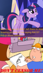 Size: 881x1492 | Tagged: safe, edit, edited screencap, screencap, character:twilight sparkle, character:twilight sparkle (alicorn), character:twilight sparkle (unicorn), species:alicorn, species:human, species:pony, species:unicorn, episode:what about discord?, g4, my little pony: friendship is magic, angry, chris griffin, crossover, family guy, female, floppy ears, implied zebra, lois griffin, mare, meg griffin, meme, n word, pencil drawing, sad, stewie griffin, style emulation, traditional art, vulgar, ziggers