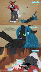 Size: 1260x2200 | Tagged: safe, edit, edited screencap, screencap, character:cozy glow, character:lord tirek, character:queen chrysalis, species:centaur, species:changeling, species:pegasus, species:pony, episode:frenemies, g4, my little pony: friendship is magic, bow, cartoonito logo, changeling queen, cloven hooves, female, filly, foal, freckles, hair bow, italian, losers club, male, nose piercing, nose ring, piercing, trust fall
