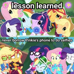 Size: 500x500 | Tagged: safe, edit, edited screencap, screencap, character:applejack, character:fluttershy, character:rainbow dash, character:rarity, character:sunset shimmer, character:twilight sparkle, character:twilight sparkle (scitwi), species:eqg human, species:pony, episode:festival filters, g3, g4, my little pony: equestria girls, my little pony:equestria girls, spoiler:eqg series (season 2), applejack's hat, betcha can't make a face crazier than this, bracelet, butterfly, clothing, cowboy hat, creepy, disgusted, filter, g3 faic, g3 pony face (filter), generation leap, geode of fauna, geode of telekinesis, hat, horse head, jewelry, magical geodes, new outfit, phone, pinkie blind, ponified, pony face, reaction image, selfie
