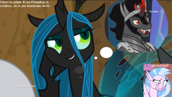 Size: 1920x1080 | Tagged: safe, edit, edited screencap, screencap, character:king sombra, character:lord tirek, character:queen chrysalis, character:silverstream, species:changeling, species:hippogriff, species:pony, species:unicorn, ship:chrysombra, episode:frenemies, episode:she's all yak, episode:the beginning of the end, g4, my little pony: friendship is magic, armor, bedroom eyes, cape, caption, changeling horn, changeling queen, changeling wings, clothing, curved horn, cute, cutealis, dreamy, female, flirty, funny, hoof on cheek, horn, image macro, italian, king, male, queen, shadow pony, shipping, straight, stupid sexy sombra, text, thinking, wings