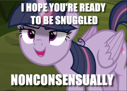 Size: 1306x940 | Tagged: safe, edit, edited screencap, screencap, character:mean twilight sparkle, episode:the mean 6, g4, my little pony: friendship is magic, caption, clone, cropped, image macro, non-consensual cuddling, solo, text