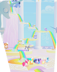 Size: 2162x2709 | Tagged: safe, edit, edited screencap, screencap, character:applejack, character:blues, character:emerald green, character:fluttershy, character:green gem, character:noteworthy, character:parasol, character:pinkie pie, character:rainbow dash, character:rainbowshine, character:sunshower raindrops, character:twilight sparkle, character:twilight sparkle (unicorn), species:earth pony, species:pegasus, species:pony, species:unicorn, episode:sonic rainboom, g4, my little pony: friendship is magic, background pony, cloud, cloud break, cloud walking spell, cloudsdale, column, composite screencap, female, flying, hard hat, hat, liquid rainbow, mare, panorama, rainbow, species swap, statue, thorn (character), unnamed pony, weather factory, weather factory uniform