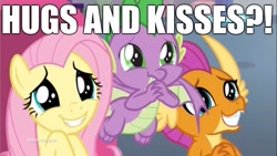 Size: 1920x1080 | Tagged: safe, edit, edited screencap, screencap, character:fluttershy, character:smolder, character:spike, species:dragon, species:pegasus, species:pony, episode:sweet and smoky, g4, my little pony: friendship is magic, bronybait, caption, cartoonito logo, dragoness, exclamation point, female, hug request, hugs?, image macro, implied hugging, implied kissing, interrobang, italian, male, mare, question mark, text, winged spike