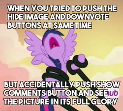 Size: 602x542 | Tagged: safe, edit, edited screencap, screencap, character:twilight sparkle, character:twilight sparkle (alicorn), species:alicorn, species:pony, derpibooru, episode:three's a crowd, g4, my little pony: friendship is magic, caption, image macro, meta, parody, tentacles, text
