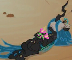 Size: 600x500 | Tagged: safe, edit, edited screencap, screencap, character:queen chrysalis, species:changeling, episode:frenemies, g4, my little pony: friendship is magic, blindfold, changeling queen, cropped, female, flower, heart's desire, on back, sleeping beauty, solo