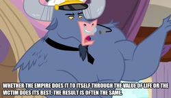 Size: 867x500 | Tagged: safe, edit, edited screencap, screencap, character:iron will, species:minotaur, episode:once upon a zeppelin, g4, my little pony: friendship is magic, caption, empire, image macro, male, resistance, solo, talking, text