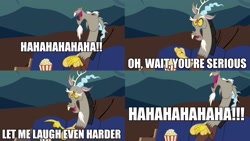 Size: 3840x2160 | Tagged: safe, edit, edited screencap, screencap, character:discord, species:draconequus, episode:the return of harmony, g4, my little pony: friendship is magic, bender bending rodriguez, caption, comic, food, futurama, image macro, love and rocket, male, meme, oh wait you're serious, popcorn, reaction image, reference, screencap comic, solo, text