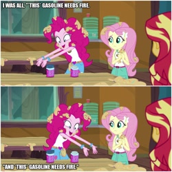 Size: 1000x1000 | Tagged: safe, edit, edited screencap, screencap, character:fluttershy, character:pinkie pie, character:sunset shimmer, equestria girls:legend of everfree, g4, my little pony: equestria girls, my little pony:equestria girls, caption, explosion, fire, gasoline, image macro, text