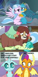 Size: 677x1356 | Tagged: safe, edit, edited screencap, screencap, character:gallus, character:ocellus, character:sandbar, character:silverstream, character:smolder, character:yona, species:changedling, species:changeling, species:classical hippogriff, species:dragon, species:earth pony, species:griffon, species:hippogriff, species:pony, species:reformed changeling, species:yak, ship:gallstream, ship:yonabar, episode:a matter of principals, episode:school raze, episode:what lies beneath, g4, my little pony: friendship is magic, bow, cloven hooves, colored hooves, comic, dragoness, female, hair bow, implied lesbian, interspecies, jewelry, male, monkey swings, necklace, screencap comic, shipping, shipping denied, straight, student six, teenager