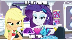 Size: 890x502 | Tagged: safe, edit, edited screencap, screencap, character:applejack, character:rarity, episode:camping must-haves, g4, my little pony: equestria girls, my little pony:equestria girls, spoiler:eqg series (season 2), bed, bedroom eyes, caption, looking at you, rarity's bedroom, tent