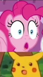 Size: 500x886 | Tagged: safe, edit, edited screencap, screencap, character:pinkie pie, episode:she's all yak, g4, my little pony: friendship is magic, :o, caption, crossover, image macro, imgflip, meme, open mouth, pikachu, pokémon, reaction image, surprised pikachu, text