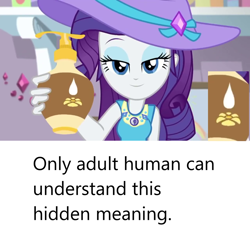 Size: 1280x1228 | Tagged: safe, edit, edited screencap, screencap, character:rarity, episode:camping must-haves, g4, my little pony: equestria girls, my little pony:equestria girls, spoiler:eqg series (season 2), bedroom eyes, caption, cropped, female, looking at you, lotion, out of context, rarity's bedroom, solo