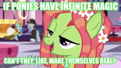 Size: 888x499 | Tagged: safe, edit, edited screencap, screencap, character:tree hugger, species:earth pony, species:pony, episode:make new friends but keep discord, g4, my little pony: friendship is magic, caption, clothing, confetti, discovery family logo, dress, female, flower, flower in hair, hippie, image macro, jewelry, looking at you, male, mare, necklace, open mouth, roasted, talking to viewer, text