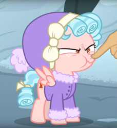 Size: 847x927 | Tagged: safe, edit, edited screencap, screencap, character:cozy glow, species:pegasus, species:pony, episode:frenemies, g4, my little pony: friendship is magic, boop, boop edit, cozy glow is not amused, cozybetes, cropped, cute, disembodied hand, female, filly, finger, hand, this will end in bleeding/bruising and/or head trauma, this will end in death, this will end in pain, this will end in tears, this will end in tears and/or death, vein bulge