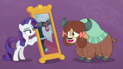 Size: 1920x1080 | Tagged: safe, edit, edited screencap, screencap, character:lord tirek, character:rarity, character:yona, species:pony, species:unicorn, species:yak, episode:frenemies, episode:she's all yak, g4, my little pony: friendship is magic, better way to be bad, bow, cloven hooves, duo, female, fit right in, hair bow, mare, meme, mirror, purple background, simple background