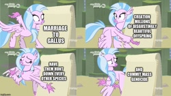 Size: 888x500 | Tagged: safe, edit, edited screencap, screencap, character:silverstream, species:classical hippogriff, species:hippogriff, species:pony, episode:uprooted, g4, my little pony: friendship is magic, comic, despicable me, female, flying, genocide, gru's plan, implied gallstream, implied gallus, inverted mouth, mare, meme, meme template, murder, silverstream's plan, solo, template, wtf