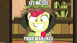 Size: 800x450 | Tagged: safe, edit, edited screencap, screencap, character:apple bloom, species:earth pony, species:pony, episode:going to seed, g4, my little pony: friendship is magic, big grin, caption, face of mercy, faec, female, filly, foal, full metal jacket, grin, helmet, image macro, imgflip, let me see your war face, slasher smile, smiling, solo, text
