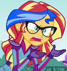 Size: 468x500 | Tagged: safe, edit, edited screencap, screencap, character:sunset shimmer, equestria girls:friendship games, g4, my little pony: equestria girls, my little pony:equestria girls, caption, dyed hair, exploitable meme, feminism, image macro, meme, nose piercing, nose ring, piercing, problematic glasses, social justice, social justice shimmer, social justice warrior, sunset is not willing to learn, text