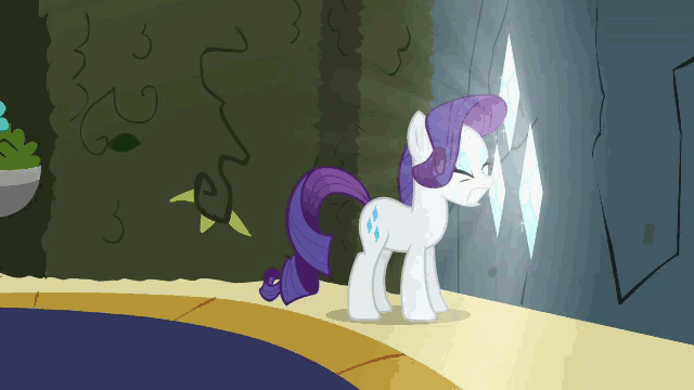 Size: 640x360 | Tagged: safe, edit, edited screencap, screencap, character:rarity, species:pony, episode:the return of harmony, g4, my little pony: friendship is magic, animated, caption, female, gif, image macro, no, solo, text