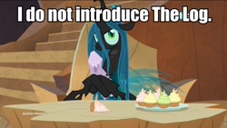 Size: 960x540 | Tagged: safe, edit, edited screencap, screencap, character:mean twilight sparkle, character:queen chrysalis, species:changeling, episode:frenemies, g4, my little pony: friendship is magic, caption, cartoonito logo, changeling queen, cupcake, dead, female, food, hoof hold, image macro, log, log lady, solo, text, twilog, twin peaks