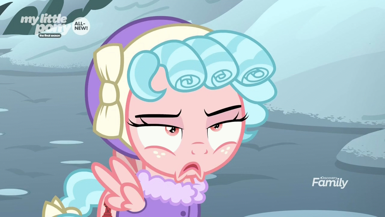 Size: 1280x720 | Tagged: safe, edit, edited screencap, screencap, character:cozy glow, species:pegasus, species:pony, episode:frenemies, g4, my little pony: friendship is magic, animated, clothing, cozy glow is best facemaker, cozy glow is not amused, cozybetes, cute, faec, female, filly, foal, frown, hat, mood whiplash, pure concentrated unfiltered evil of the utmost potency, reversed, smiling, unamused, when she smiles, winter outfit