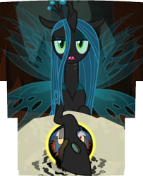 Size: 2196x2704 | Tagged: safe, edit, edited screencap, screencap, character:grogar, character:queen chrysalis, species:changeling, species:ram, episode:frenemies, g4, my little pony: friendship is magic, changeling queen, composite screencap, crown, crystal ball, evil lair, fangs, female, grogar's lair, grogar's orb, interrupted, jewelry, lair, magic, panorama, regalia, wings