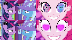Size: 1078x608 | Tagged: safe, edit, edited screencap, screencap, character:pinkie pie, character:trixie, character:twilight sparkle, character:twilight sparkle (alicorn), species:alicorn, species:pony, ship:twixie, episode:coinky-dink world, episode:no second prances, eqg summertime shorts, g4, my little pony: equestria girls, my little pony: friendship is magic, my little pony:equestria girls, female, heart eyes, lesbian, meme, pinkie's eyes, shipping, shipping domino, wingding eyes