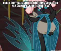 Size: 600x498 | Tagged: safe, edit, edited screencap, screencap, character:queen chrysalis, species:changeling, episode:frenemies, g4, my little pony: friendship is magic, blindfold, caption, changeling queen, cropped, duo, female, firing squad, image macro, implied execution, text, this will end in death