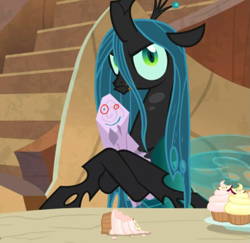 Size: 855x832 | Tagged: safe, edit, edited screencap, screencap, character:mean twilight sparkle, character:queen chrysalis, species:changeling, episode:frenemies, g4, my little pony: friendship is magic, changeling queen, cropped, crossed hooves, cupcake, dead, ed edd n eddy, female, food, hoof hold, log, plank, solo, twilog