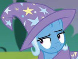 Size: 986x746 | Tagged: safe, edit, edited screencap, screencap, character:trixie, species:pony, episode:celestial advice, g4, my little pony: friendship is magic, blurry, clothing, female, hat, mare, needs more jpeg, solo, trixie is not amused, trixie's hat, unamused, wizard hat