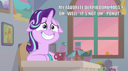 Size: 1280x717 | Tagged: safe, edit, edited screencap, screencap, character:starlight glimmer, species:pony, species:unicorn, episode:student counsel, black bars, blatant lies, bowl, bracelet, cartoonito logo, cup, dialogue, female, floppy ears, jewelry, mare, meta, ponut, solo
