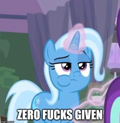 Size: 500x512 | Tagged: safe, edit, edited screencap, screencap, character:starlight glimmer, character:trixie, species:pony, species:unicorn, episode:student counsel, caption, cropped, eating, image macro, imgflip, meme, offscreen character, text, vulgar, zero fucks given