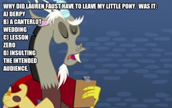 Size: 790x500 | Tagged: safe, edit, edited screencap, screencap, character:derpy hooves, character:discord, episode:a canterlot wedding, episode:best gift ever, episode:lesson zero, g4, my little pony: friendship is magic, caption, female, image macro, lauren faust, op is a duck, poll, solo, text