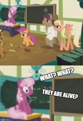Size: 500x731 | Tagged: safe, edit, edited screencap, screencap, character:cheerilee, character:mane allgood, character:scootaloo, character:snap shutter, species:earth pony, species:pegasus, species:pony, episode:the last crusade, g4, my little pony: friendship is magic, clothing, comic, cropped, female, filly, foal, hat, imgflip, male, mare, meme, parent, ponyville schoolhouse, scootaloo's parents, screencap comic, shirt, spoiler, stallion, text