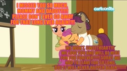 Size: 2048x1152 | Tagged: safe, edit, edited screencap, screencap, character:mane allgood, character:scootaloo, character:snap shutter, species:pegasus, species:pony, episode:the last crusade, g4, my little pony: friendship is magic, caption, cartoonito logo, cute, excessive exclamation marks, family, female, filly, foal, good end, happy, hug, image macro, love, loving family ponies, loving mother, male, mare, ponyville schoolhouse, scootaloo's parents, scootalove, stallion, sweet, text