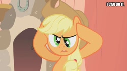 Size: 889x500 | Tagged: safe, edit, edited screencap, screencap, character:applejack, species:earth pony, species:pony, episode:look before you sleep, g4, my little pony: friendship is magic, caption, female, golden oaks library, image macro, solo, text