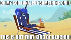 Size: 2048x1152 | Tagged: safe, edit, edited screencap, screencap, character:princess luna, species:pony, episode:between dark and dawn, g4, my little pony: friendship is magic, beach, beach chair, bendy straw, caption, cartoonito logo, cocktail umbrella, drink, drinking straw, excessive exclamation marks, female, food, fruit, hooves behind head, image macro, implied nudity, lewd, mare, pineapple, solo, straw, strawberry, sunbathing, sunglasses, text, we don't normally wear clothes