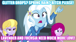 Size: 896x500 | Tagged: safe, edit, edited screencap, screencap, character:fuchsia blush, character:lavender lace, character:trixie, equestria girls:rainbow rocks, g4, my little pony: equestria girls, my little pony:equestria girls, caption, image macro, implied glitter drops, implied spring rain, meme, text, trixie and the illusions, trixie yells at everything, vulgar