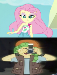 Size: 1080x1438 | Tagged: safe, edit, edited screencap, screencap, character:fluttershy, character:sandalwood, episode:i'm on a yacht, equestria girls:mirror magic, g4, my little pony: equestria girls, my little pony:equestria girls, spoiler:eqg series (season 2), spoiler:eqg specials, camera, cropped, female, male, sandalshy, sexy, shipping, shipping domino, straight, summer, wavy hair