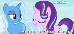 Size: 1091x500 | Tagged: safe, edit, edited screencap, screencap, character:starlight glimmer, character:trixie, species:pony, species:unicorn, episode:student counsel, bully, caption, cartoonito logo, image macro, mexican, mexico, text