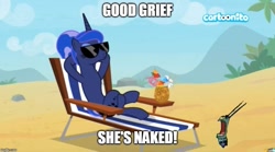 Size: 899x499 | Tagged: safe, edit, edited screencap, screencap, character:princess luna, species:alicorn, species:pony, episode:between dark and dawn, g4, my little pony: friendship is magic, beach, beach chair, cartoonito logo, crossover, female, hooves behind head, mare, nickelodeon, nudity, relaxing, sheldon j. plankton, shocked, solo, spongebob squarepants, sunglasses, text, the algae's always greener, we don't normally wear clothes