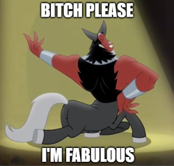Size: 500x478 | Tagged: safe, edit, edited screencap, screencap, character:lord tirek, species:centaur, episode:frenemies, g4, my little pony: friendship is magic, better way to be bad, bitch i'm fabulous, butt, caption, cloven hooves, cropped, eyes closed, fabulous, image macro, majestic as fuck, male, nose piercing, nose ring, piercing, plot, solo, spotlight, text, the ass was fat, tirump, vulgar