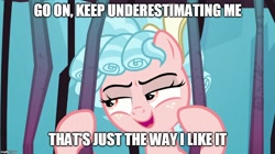 Size: 888x499 | Tagged: safe, edit, edited screencap, screencap, character:cozy glow, species:pegasus, species:pony, episode:school raze, g4, my little pony: friendship is magic, caption, cell, female, filly, image macro, solo, text
