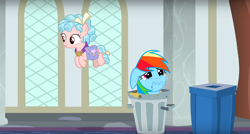 Size: 1020x548 | Tagged: safe, edit, edited screencap, screencap, character:cozy glow, character:rainbow dash, species:pegasus, species:pony, episode:school raze, g4, my little pony: friendship is magic, abuse, background pony strikes again, crying, dashabuse, female, filly, op is a duck, op is trying to start shit, rainbow trash, sad, trash can