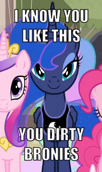 Size: 203x340 | Tagged: safe, edit, edited screencap, screencap, character:pinkie pie, character:princess cadance, character:princess luna, species:pony, episode:to where and back again, g4, my little pony: friendship is magic, animated, bedroom eyes, breaking the fourth wall, bronybait, caption, cropped, image macro, looking at you, she knows, stupid sexy princess luna, talking to viewer, text