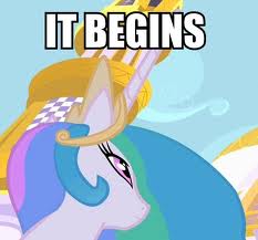 Size: 233x217 | Tagged: safe, edit, edited screencap, screencap, character:princess celestia, species:alicorn, species:pony, episode:the cutie mark chronicles, g4, my little pony: friendship is magic, cropped, female, image macro, it begins, mare, reaction image, solo